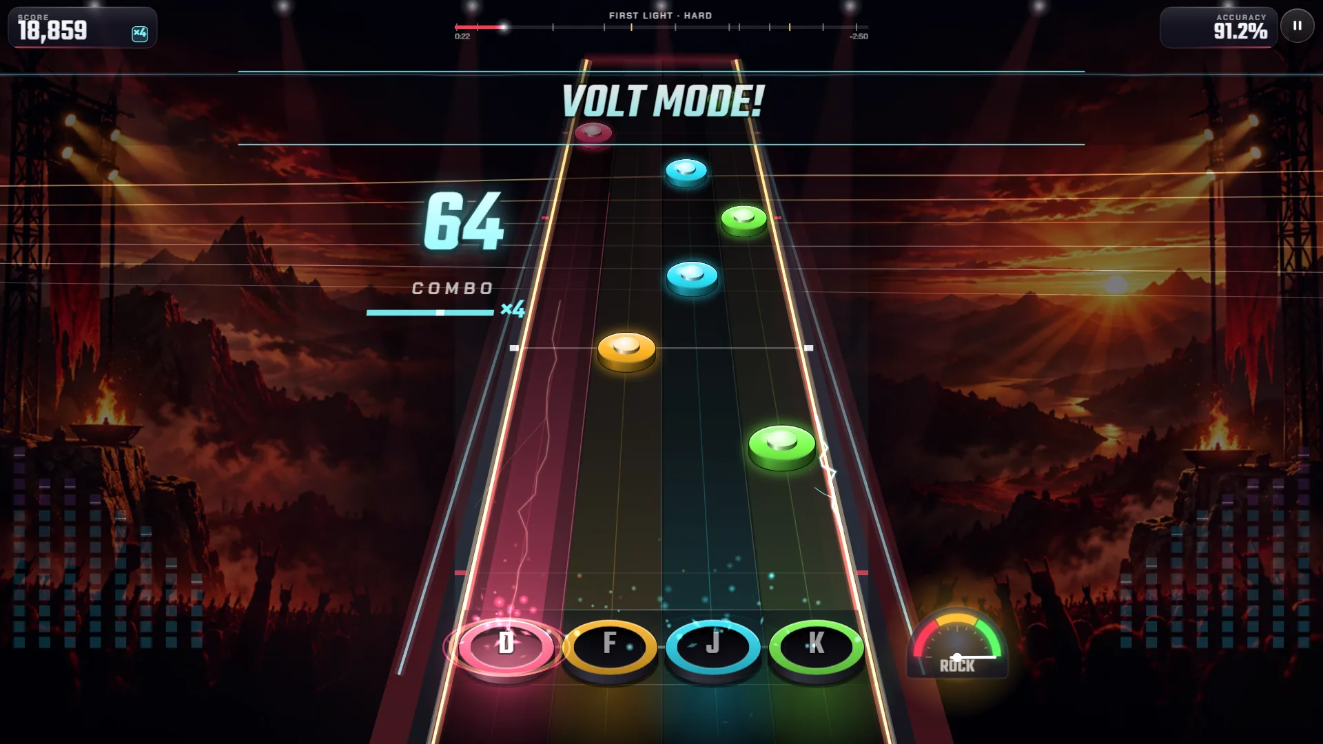 VOLT MODE banner in First Light on Hard with a combo of 64 at x4 and a red mountain stage behind the highway