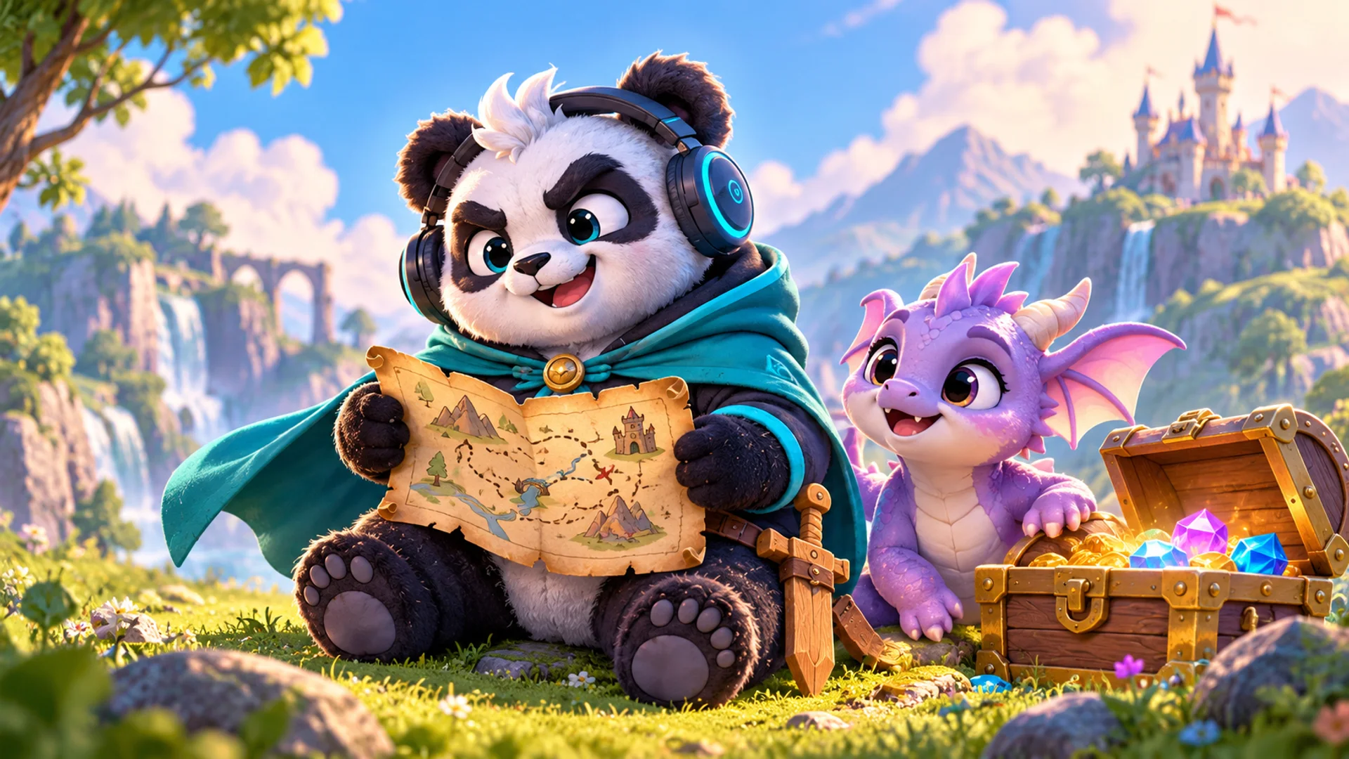 Polarzinho in a cape with a wooden sword reading a treasure map next to a little purple dragon and a jewel chest, with a castle in the distance