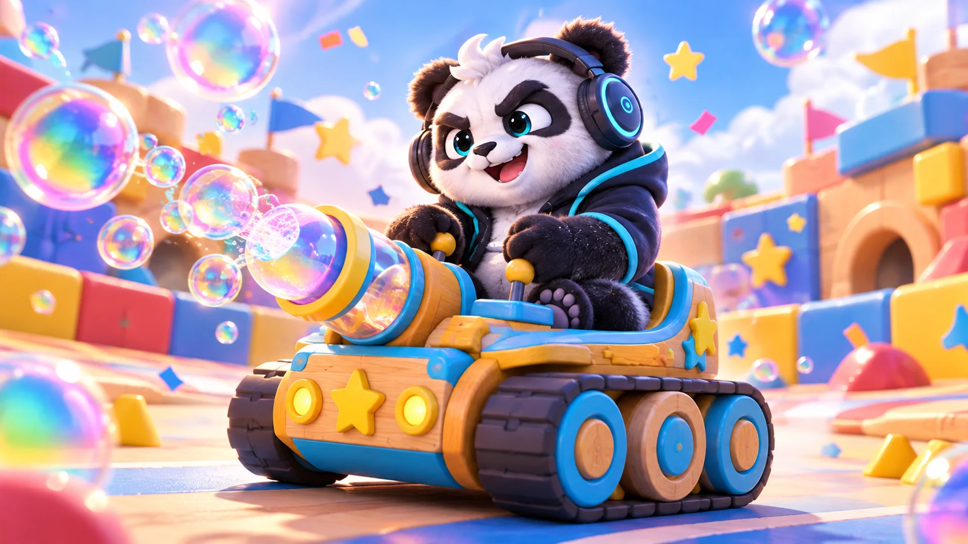 Polarzinho driving a toy tank that fires colorful soap bubbles in a block arena full of stars and confetti
