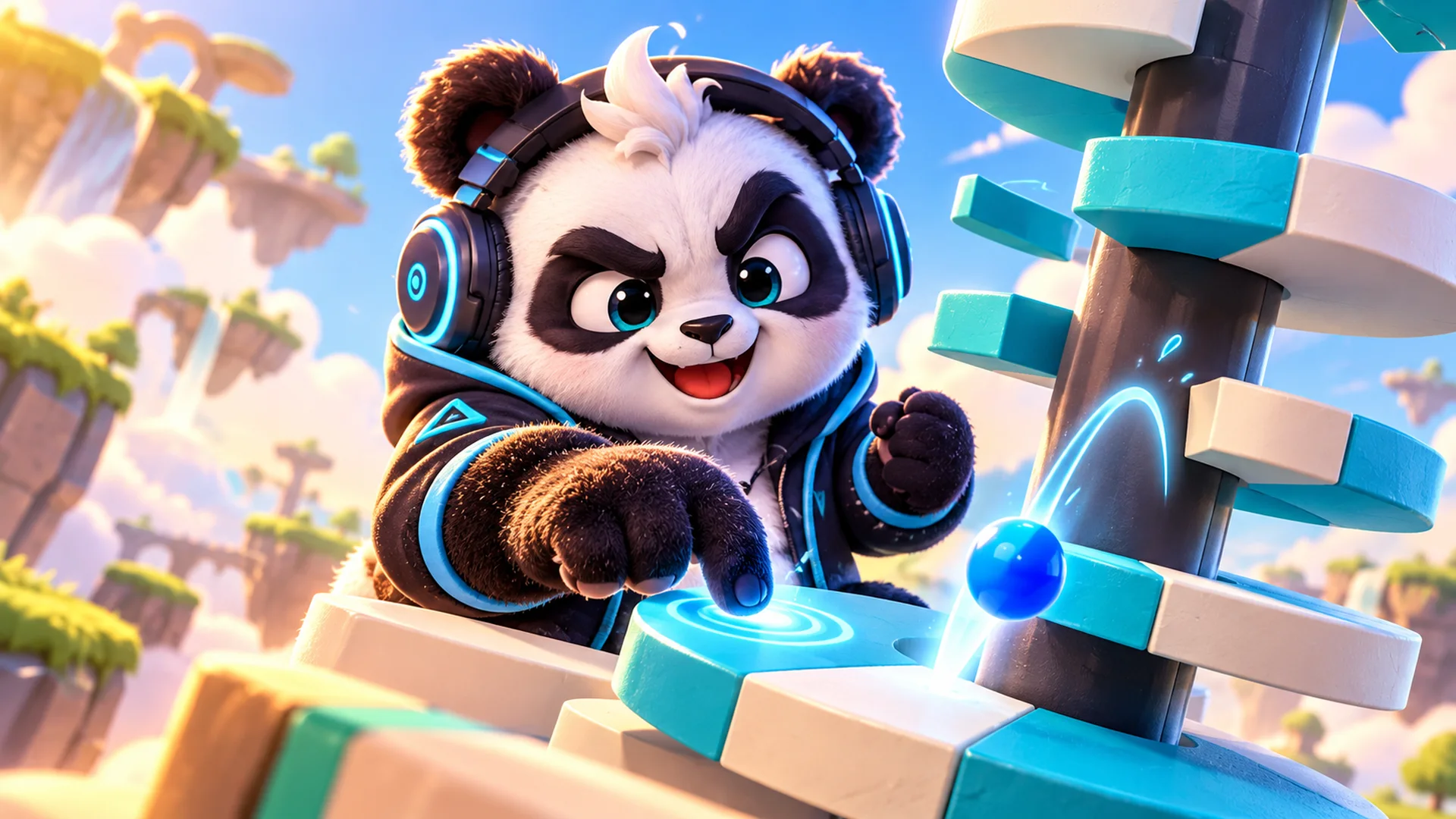 Polarzinho tocando um botão ao lado de uma torre com uma bolinha caindo pelos andares