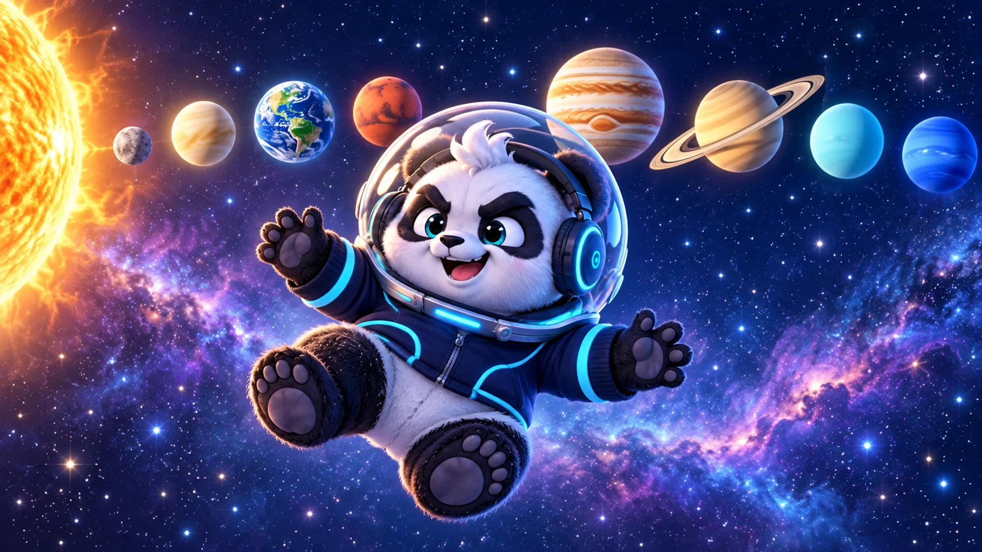 Polarzinho floating in space in an astronaut helmet, with the Sun on the left and the eight planets in a row, including ringed Saturn