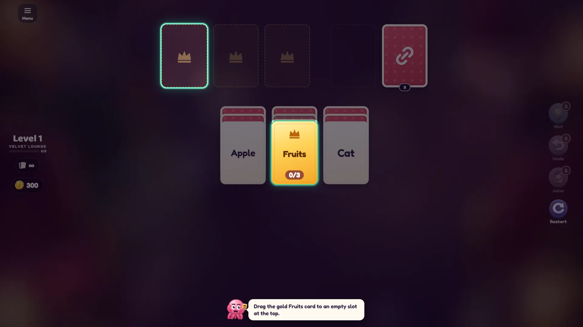 Solitaire Links tutorial with the gold Fruits card highlighted and Linky the octopus asking you to drag it to an empty crown spot
