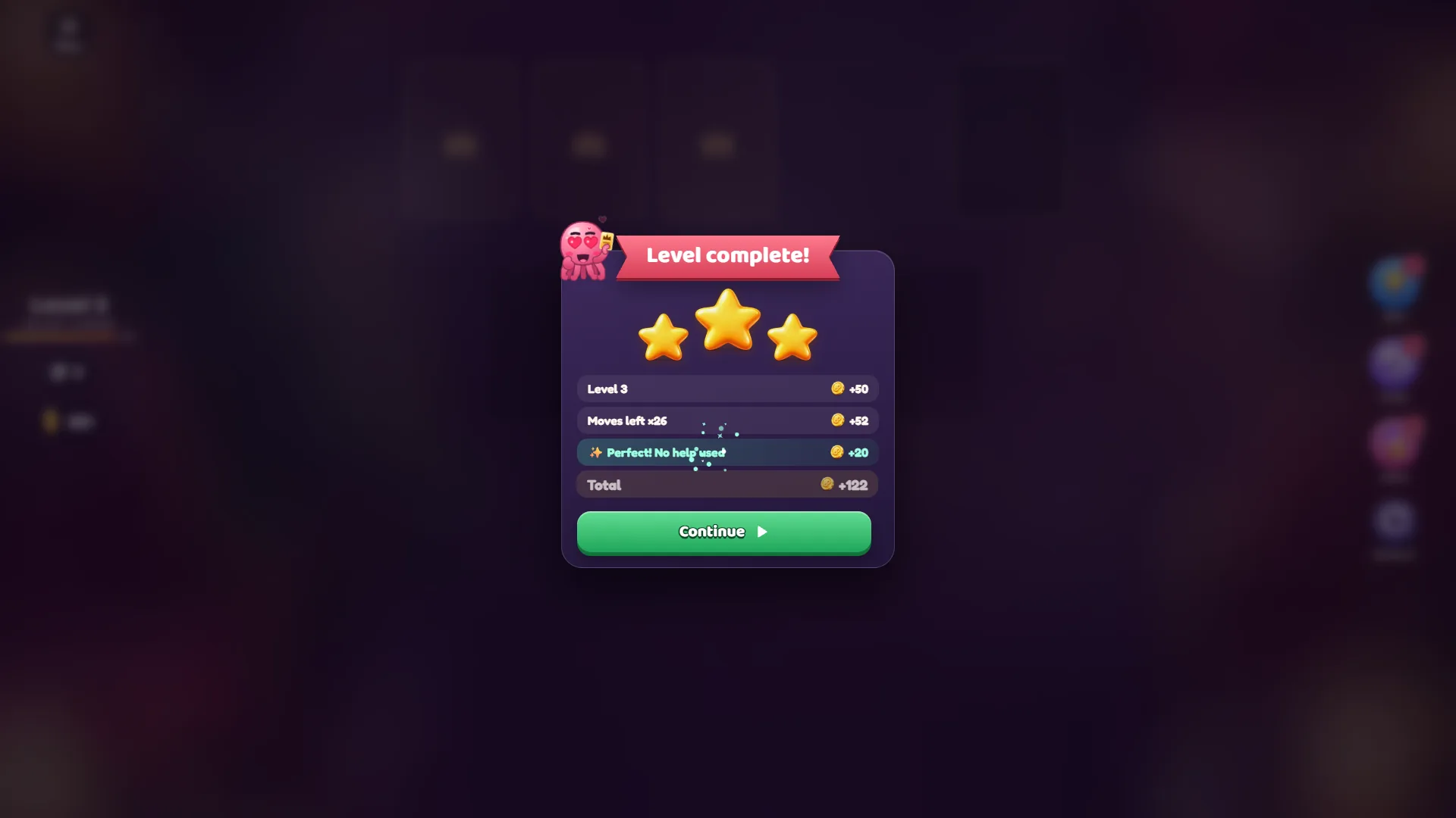 Solitaire Links Level complete! screen with three stars, a bonus for moves left and a total of 122 coins
