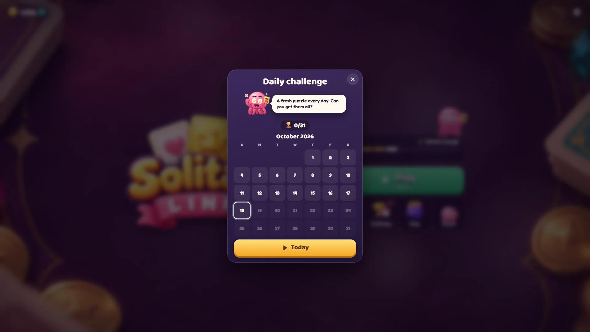 Solitaire Links daily challenge calendar for October 2026 with the 18th highlighted, a 0/31 trophy counter and the Today button