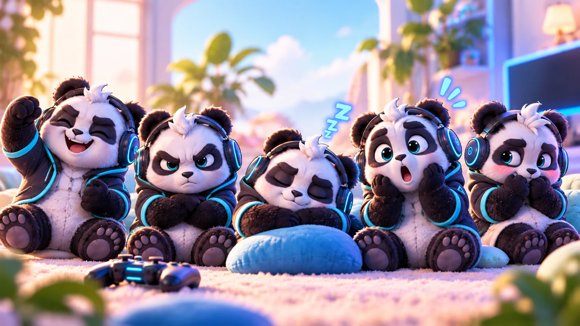 Five Polarzinhos side by side, each with a different face: cheerful, angry, sleepy, surprised and shy