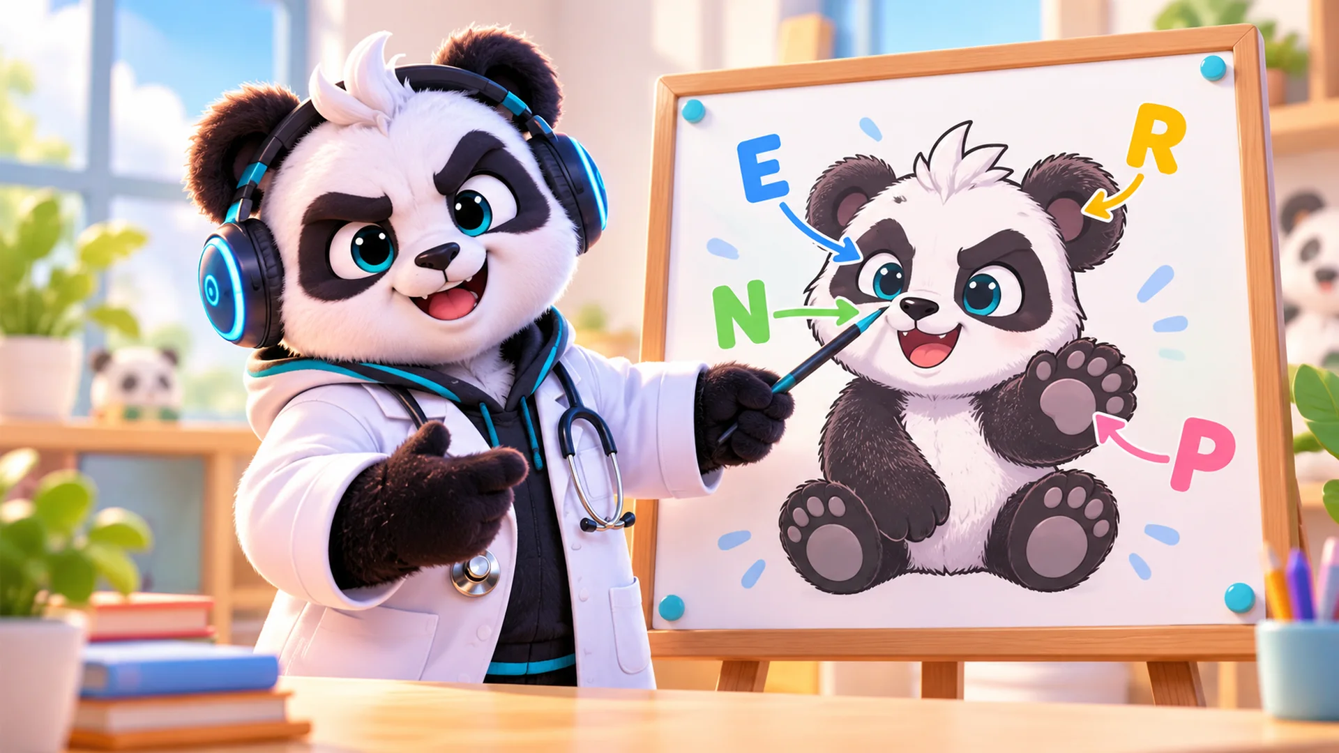 Polarzinho in a lab coat pointing at a panda poster with arrows marking body parts