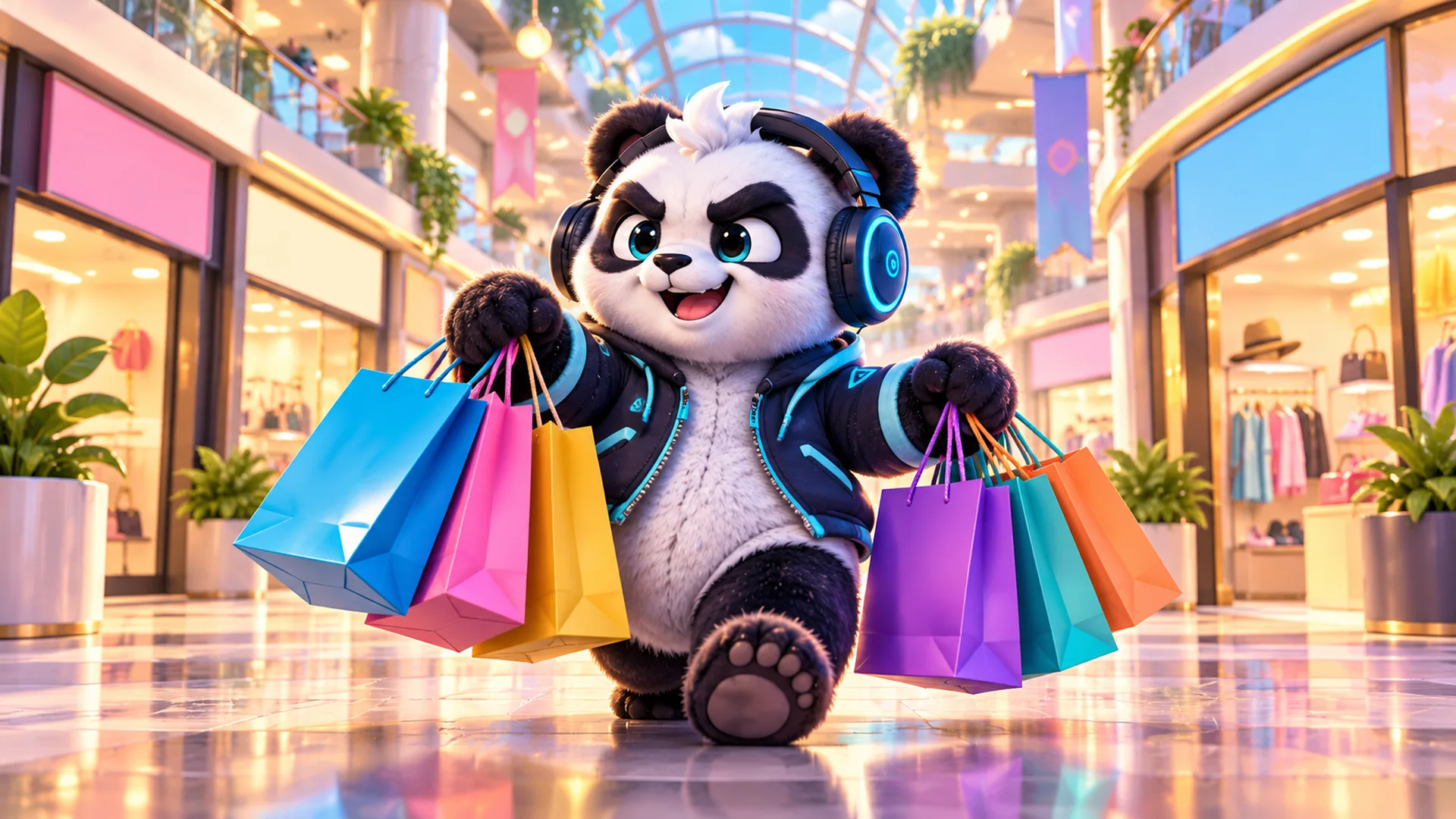 Polarzinho in a colorful shopping mall carrying lots of shopping bags