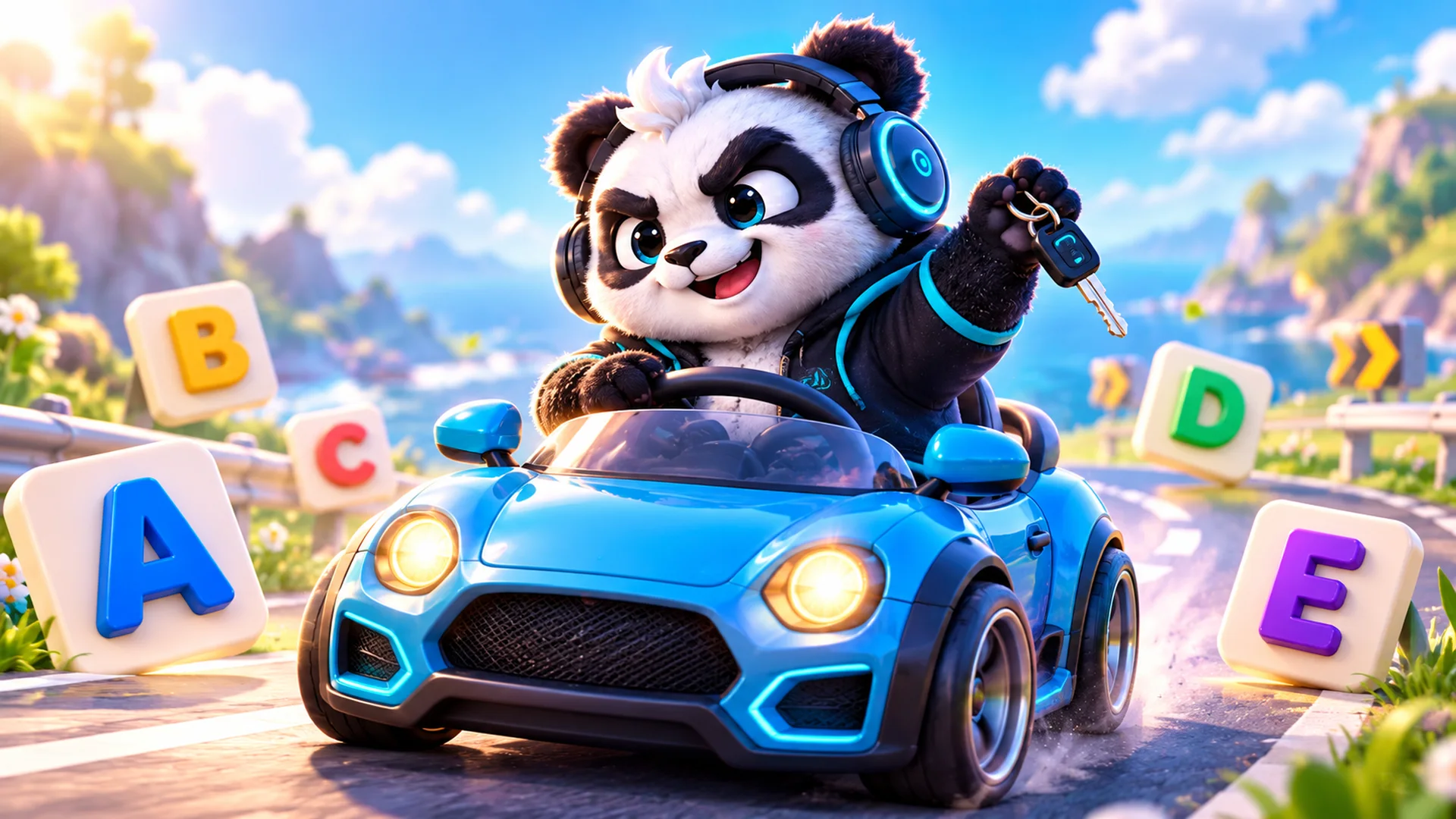 Polarzinho dirigindo um carrinho azul de brinquedo numa estrada com peças das letras A a E