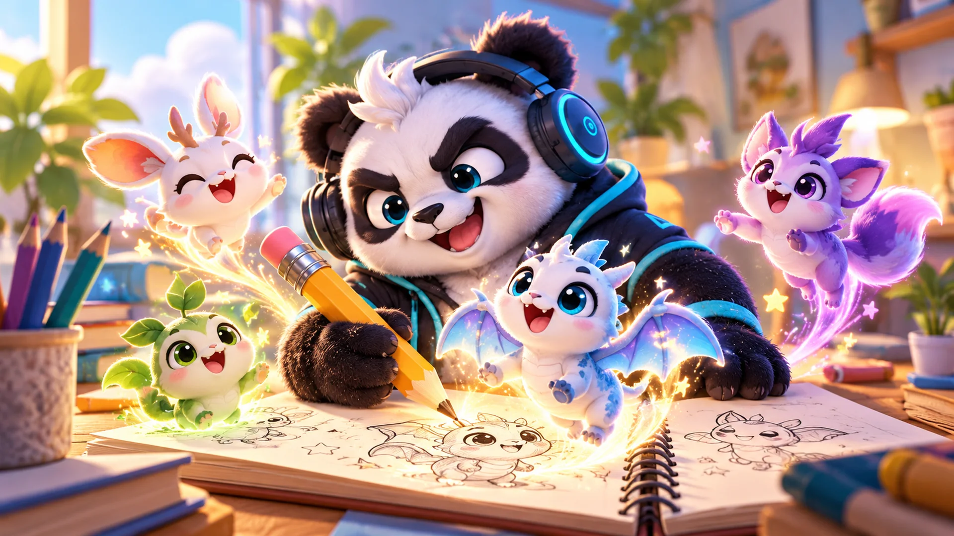 Polarzinho drawing in a sketchbook with a pencil while small cute creatures leap off the page around the panda