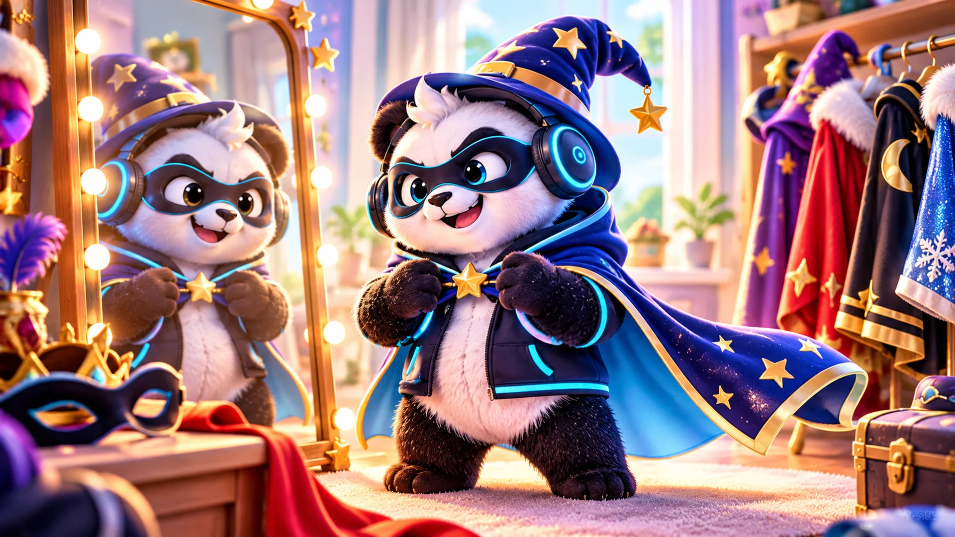 Polarzinho dressed up in a starry cape, a wizard hat and a mask, in front of a mirror and a rack of costumes