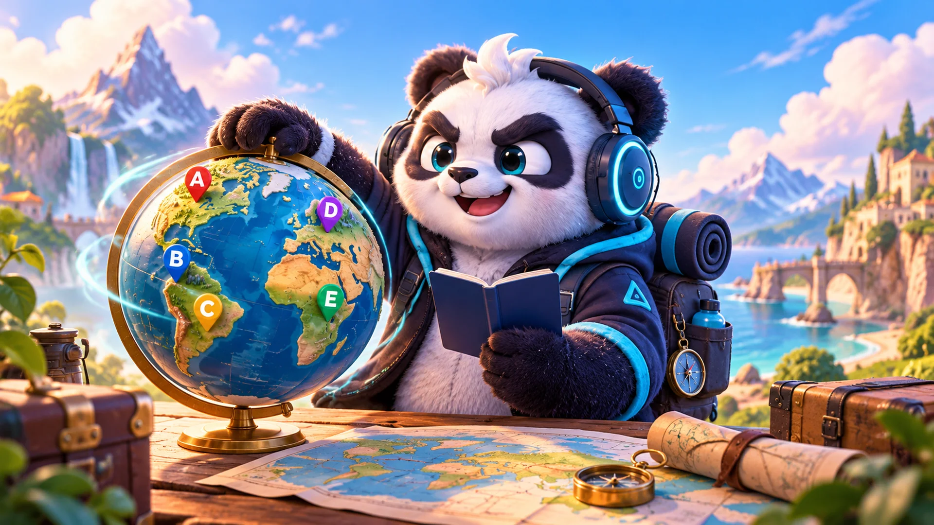 Polarzinho viajero con pasaporte y mochila junto a un globo con alfileres de letras