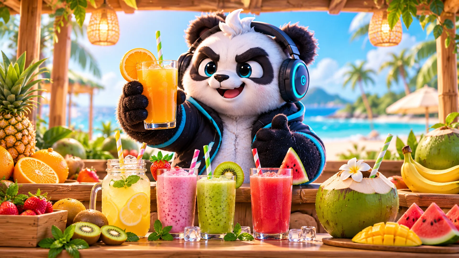 Polarzinho numa barraca de praia brindando com um copo de suco de laranja, com sucos coloridos, água de coco e frutas na bancada