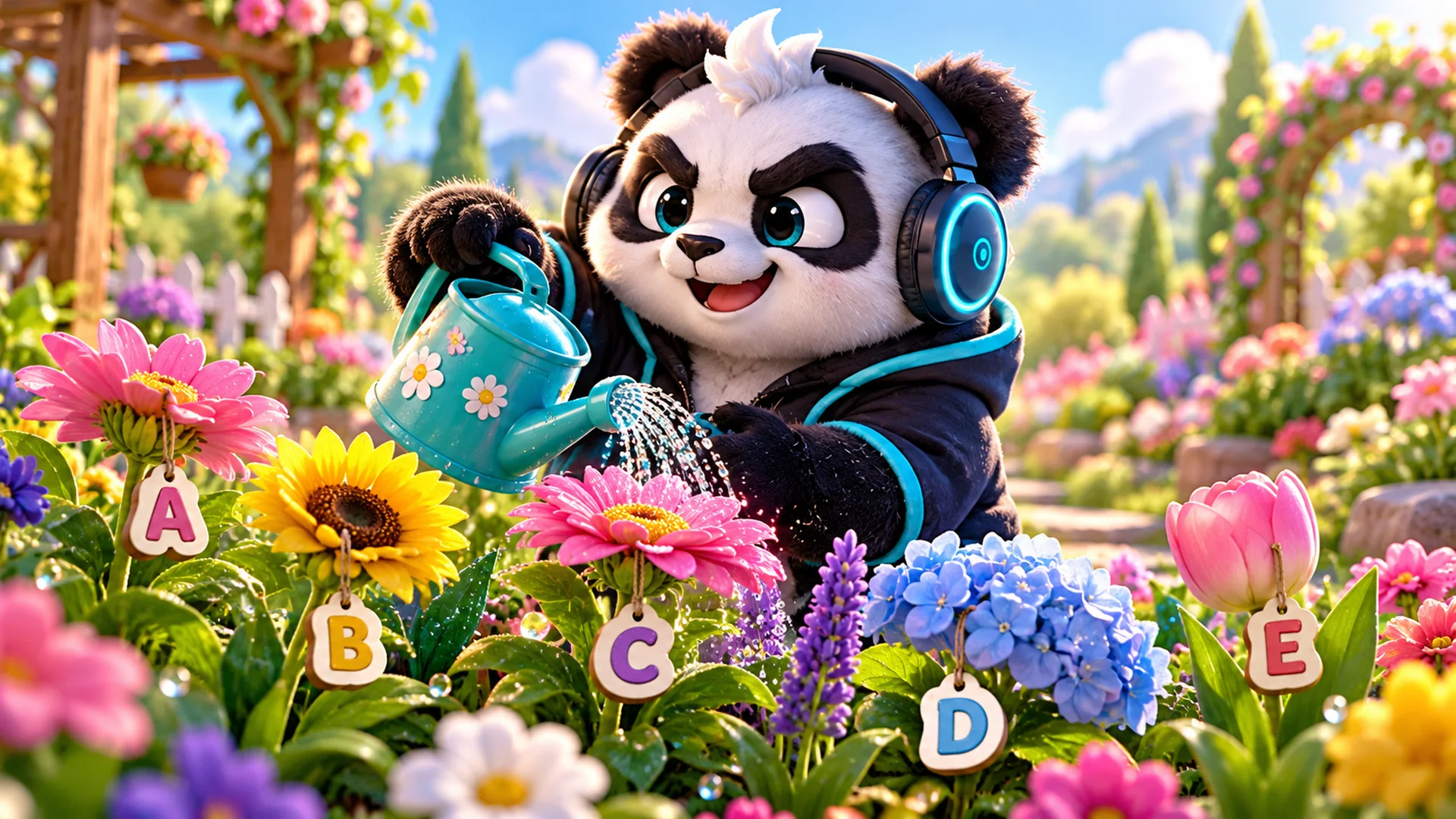 Polarzinho watering a garden with flowers tagged A, B, C, D and E: a daisy, a sunflower, a gerbera, a hydrangea and a tulip