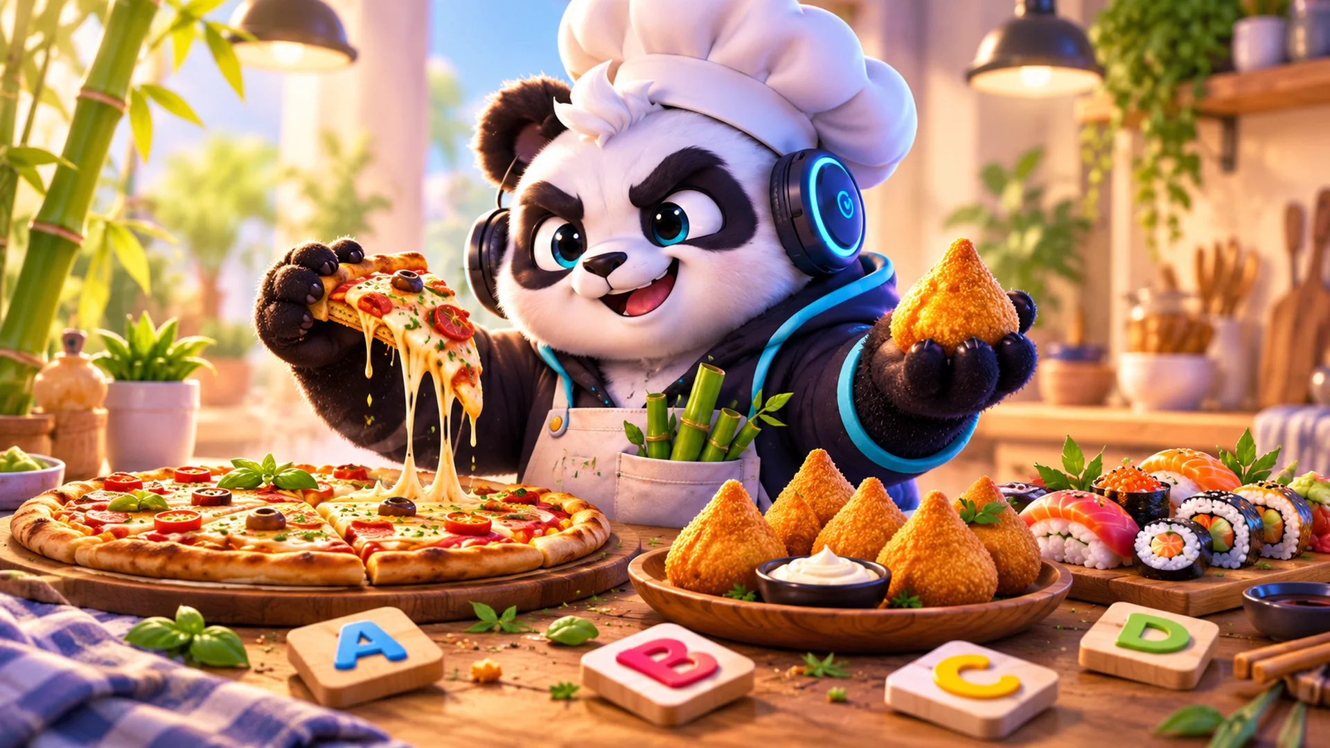 Polarzinho de chef com pizza, coxinhas e sushi numa mesa com peças de letras