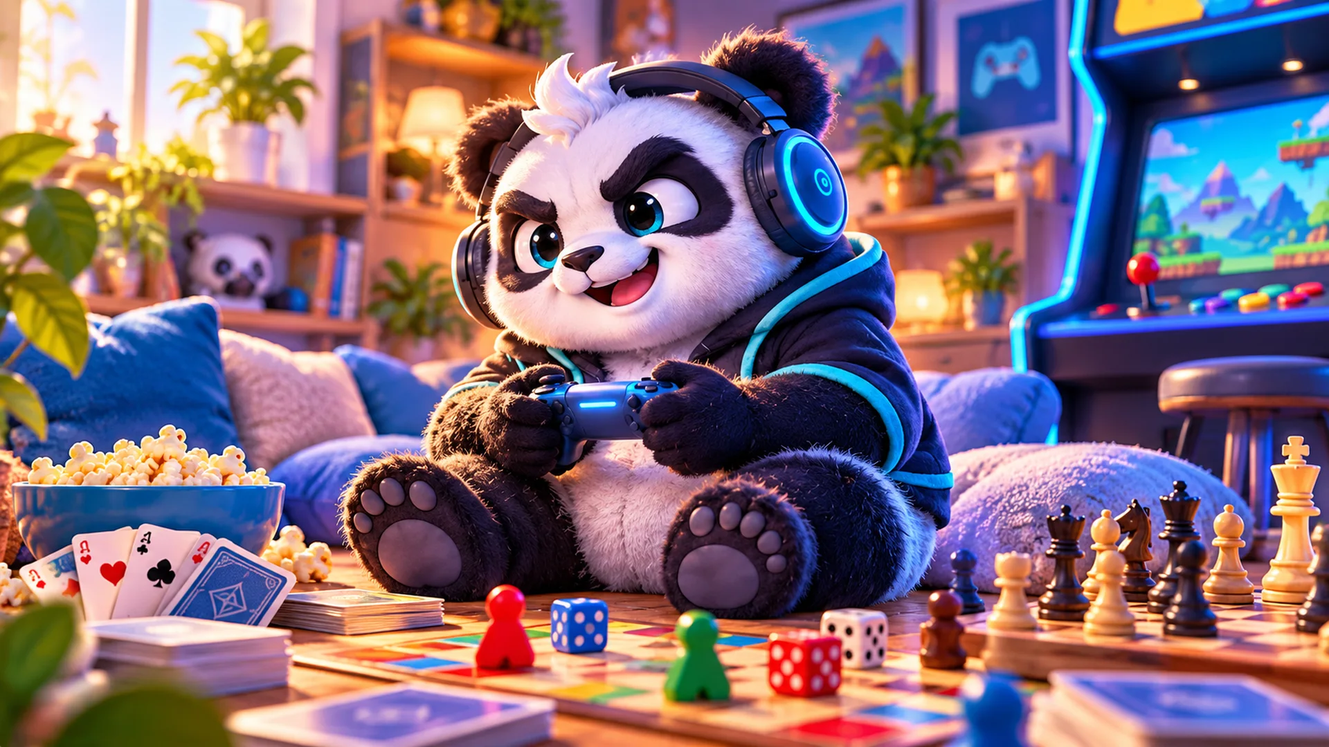 Polarzinho playing with a controller, surrounded by cards, dice, chess and board game pieces, with an arcade cabinet behind