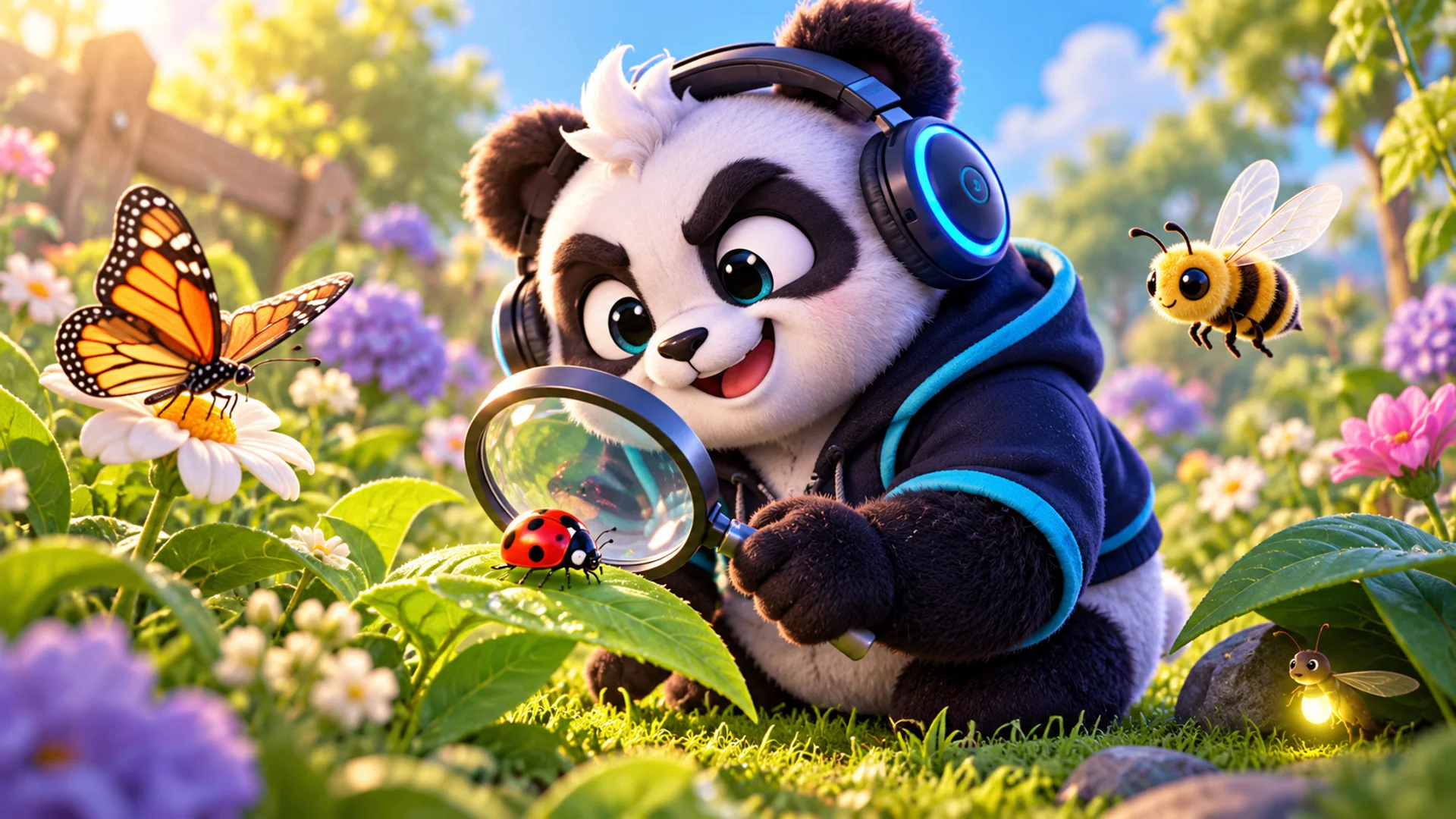 Polarzinho studying a ladybug through a magnifying glass in a garden, with a butterfly, a bee and a firefly nearby
