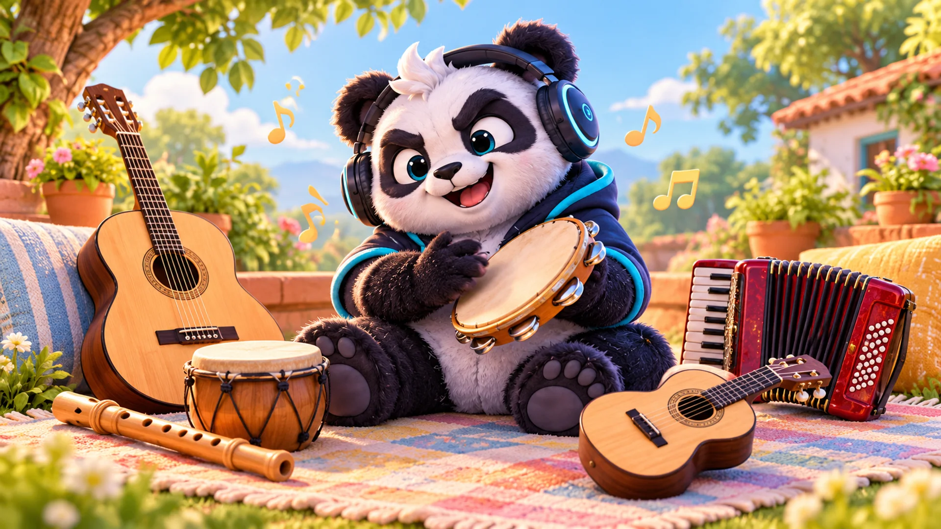 Polarzinho tocando pandeiro numa manta, cercado de violão, tambor, flauta, sanfona e cavaquinho