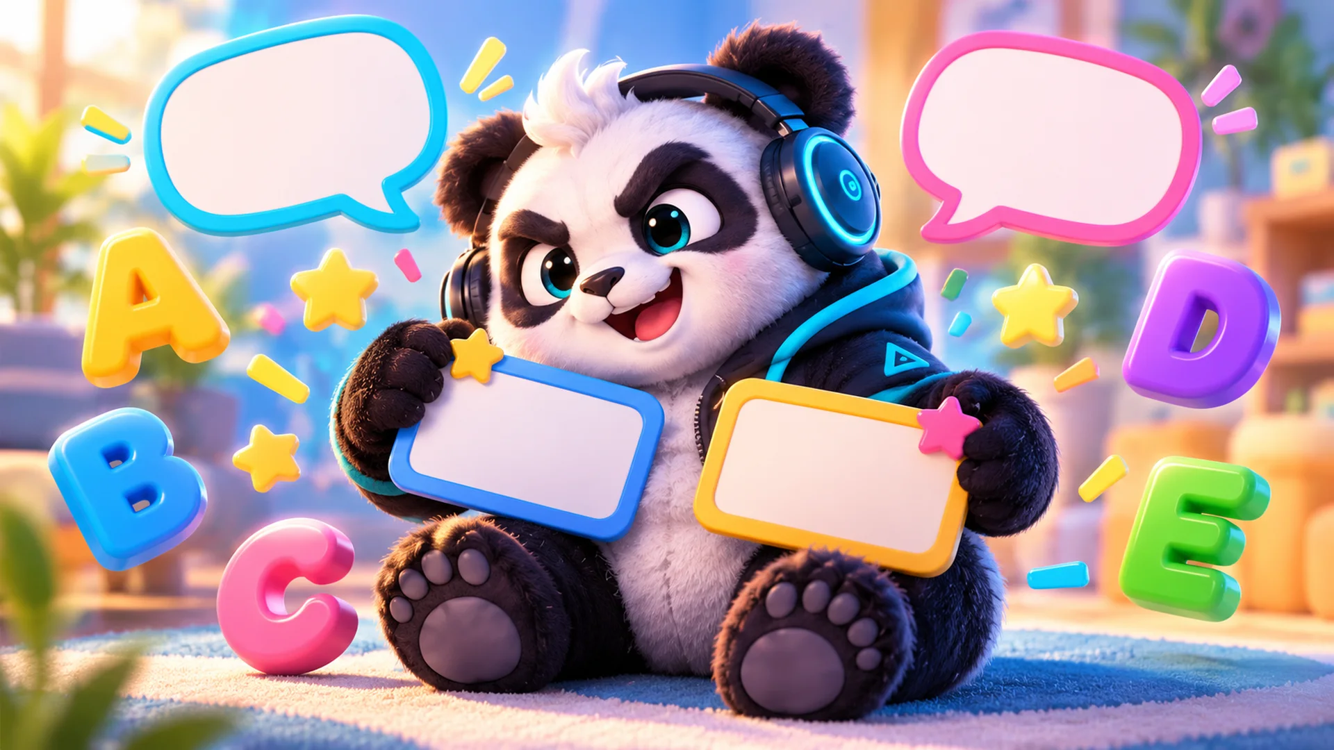 Polarzinho holding blank name tags, surrounded by speech bubbles and colorful letters