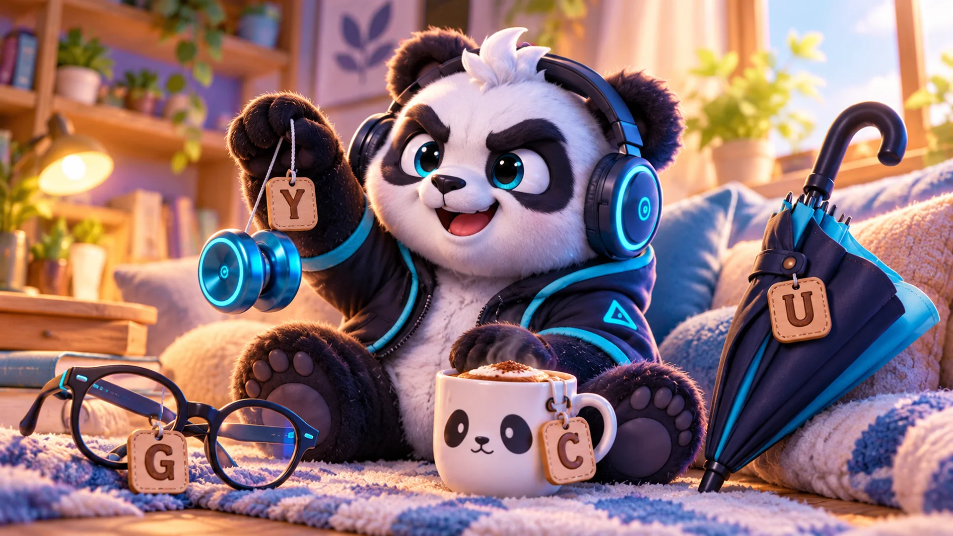 Polarzinho in a room with a yo-yo, glasses, a mug and an umbrella tagged with letters