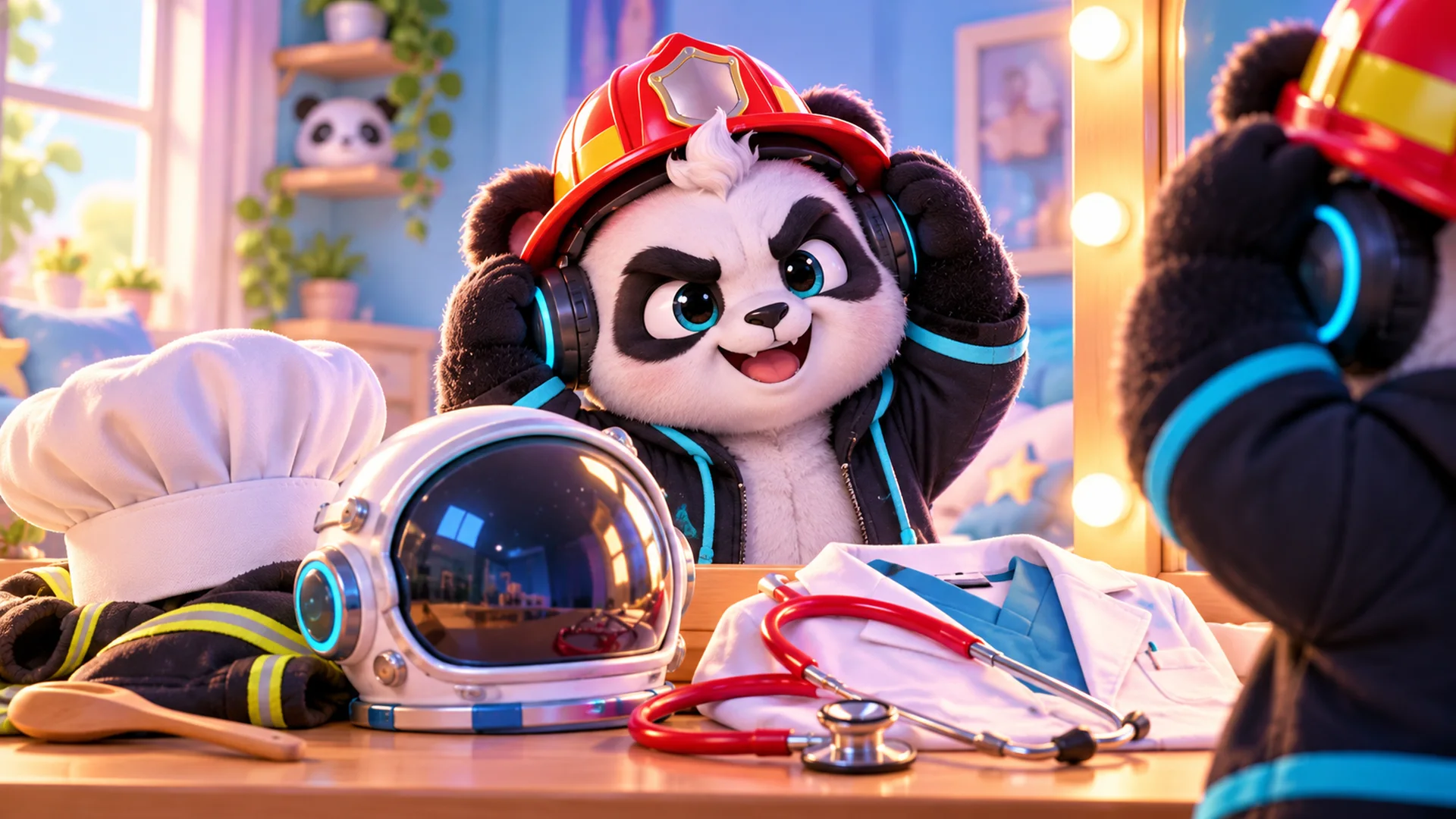 Polarzinho trying on a firefighter helmet, with a chef hat, an astronaut helmet and a stethoscope on the table