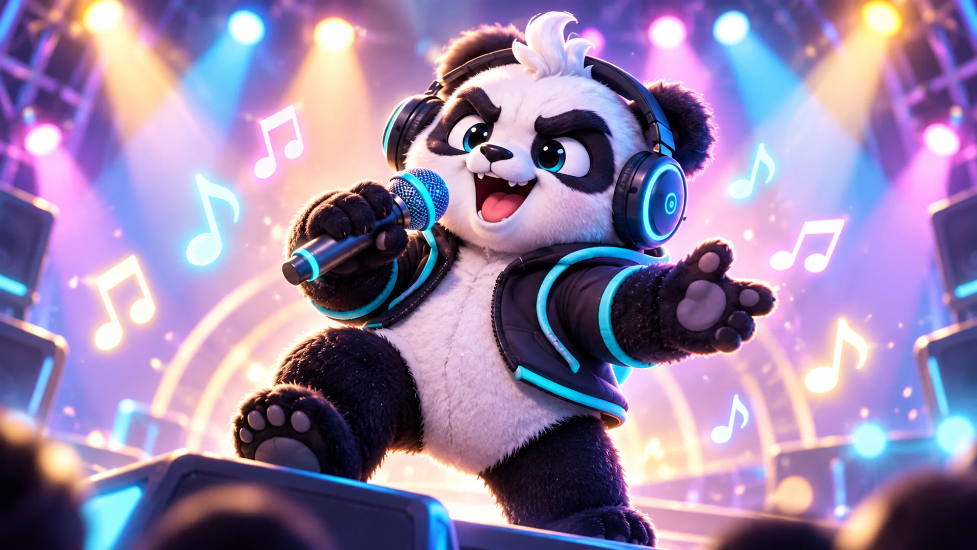 Polarzinho singing into a microphone on a stage full of colourful lights and music notes