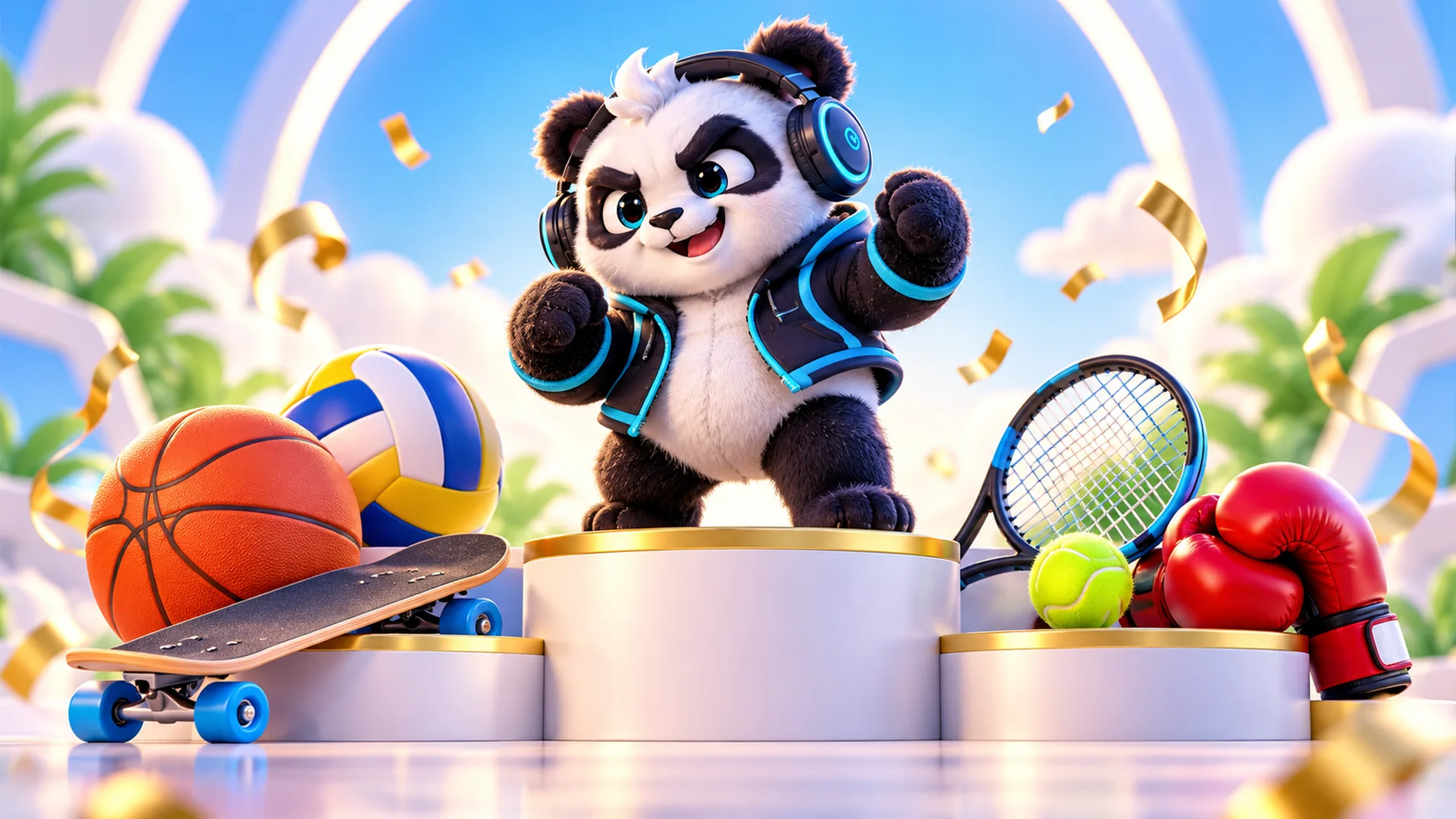 Polarzinho on a podium surrounded by a basketball, a volleyball, a racket, a skateboard and boxing gloves