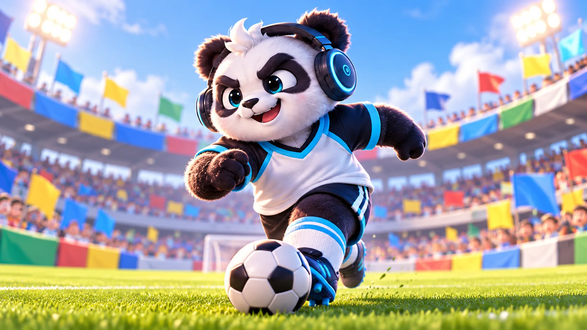 Polarzinho kicking a soccer ball in a stadium full of colorful flags