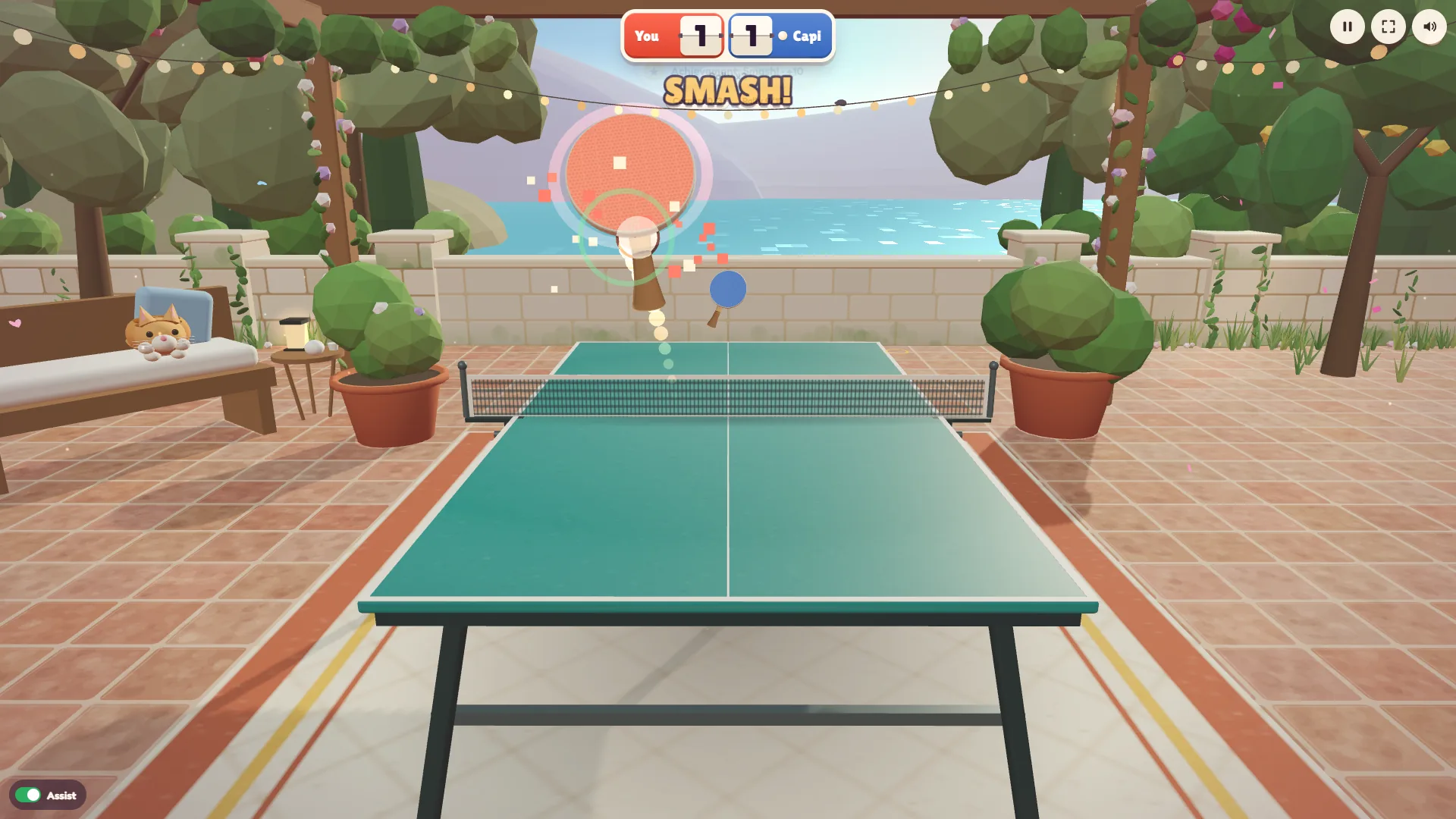 Un remate en Sunset Rally: una pala grande en primer plano, la palabra SMASH! arriba, la pelota veloz y el gato de la banca con la cabeza levantada