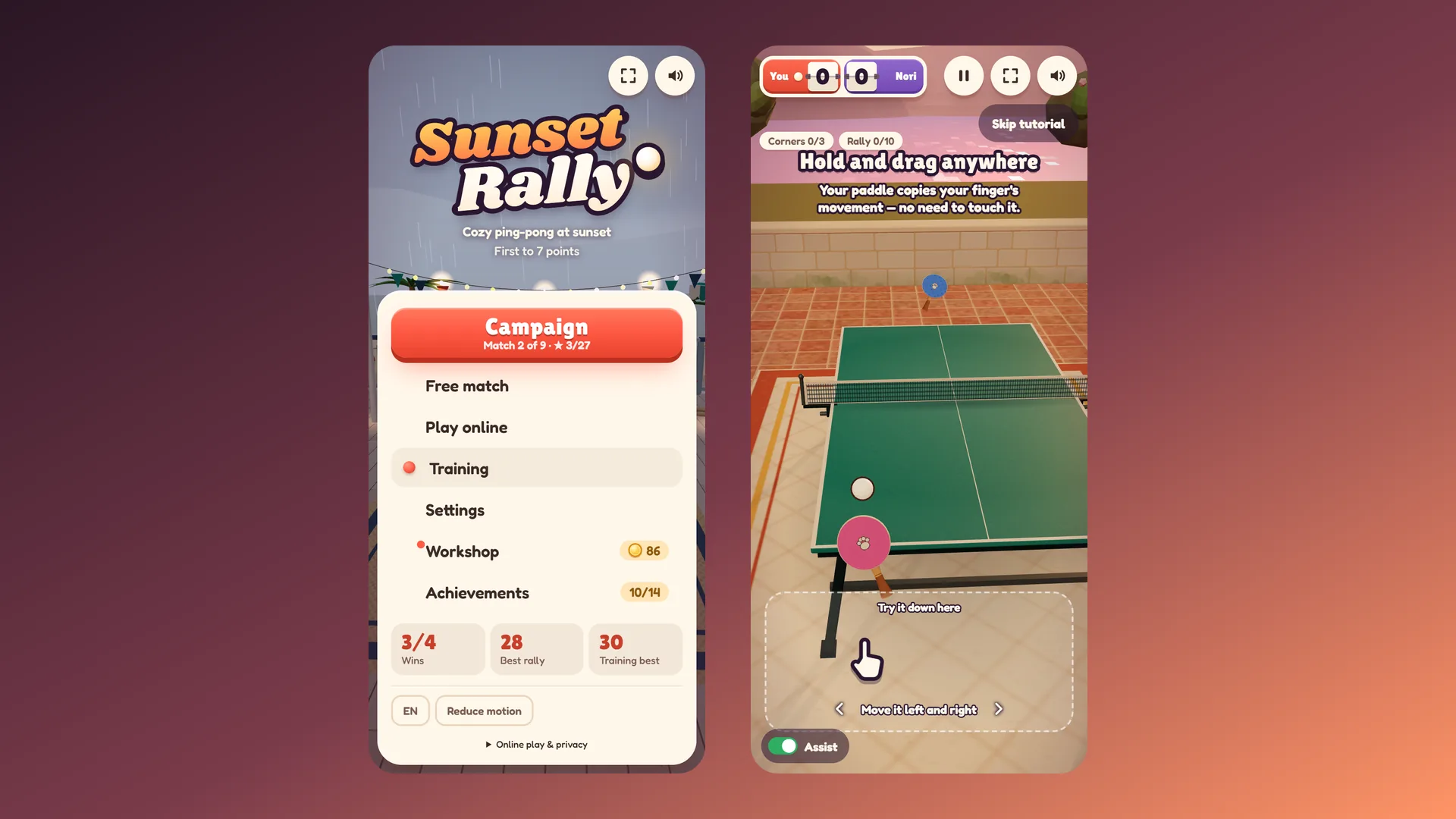 Dos pantallas de Sunset Rally en un celular: el menú inicial y el tutorial de mantener y arrastrar