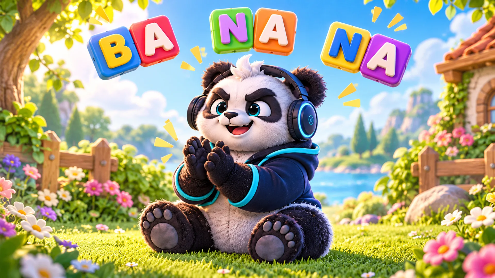Polarzinho clapping in a garden as the syllables BA, NA and NA float above him on colorful tiles