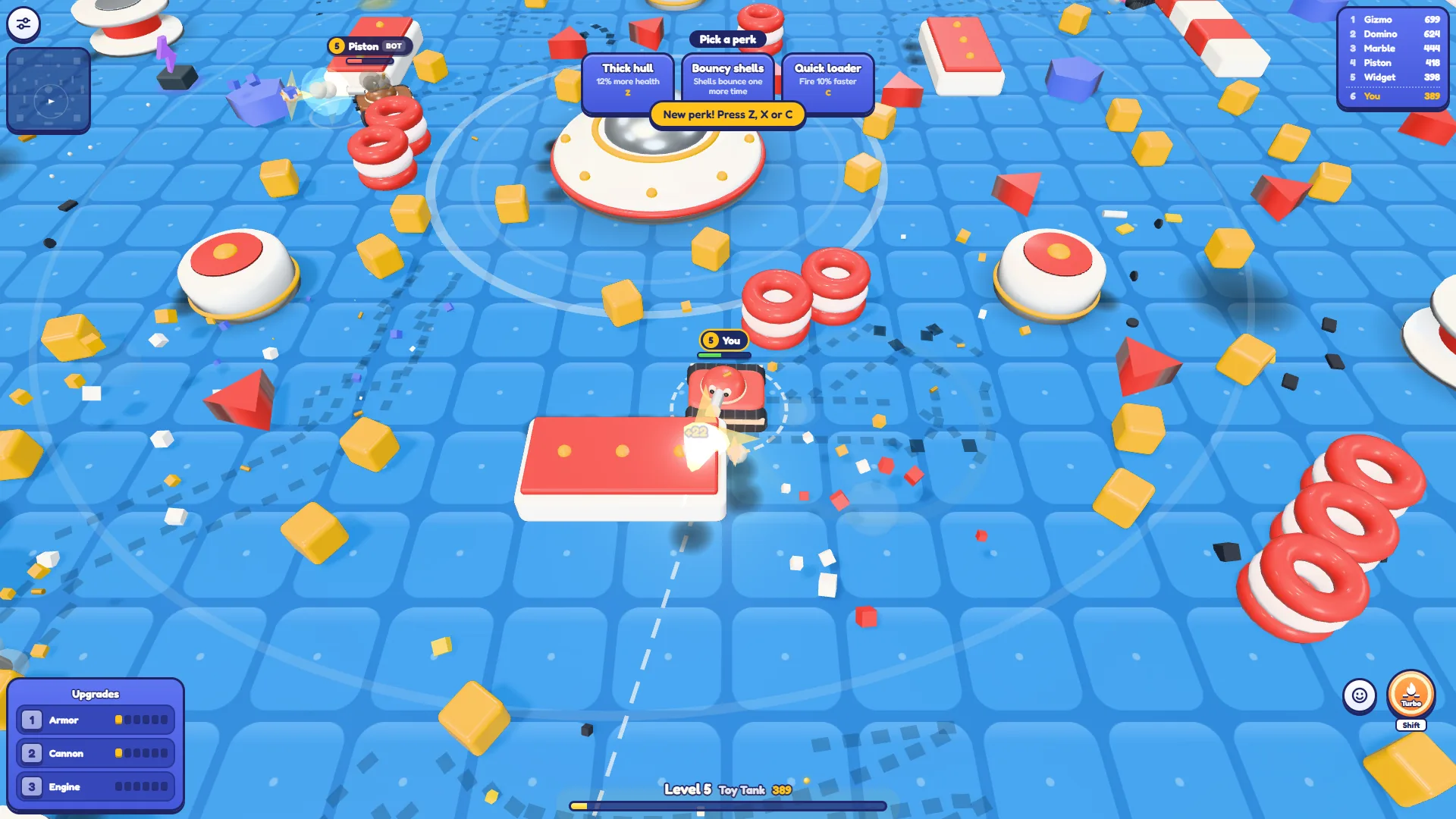 Tankado at level 5 with the Pick a perk cards Thick hull, Bouncy shells and Quick loader at the top, and the scoreboard in the corner