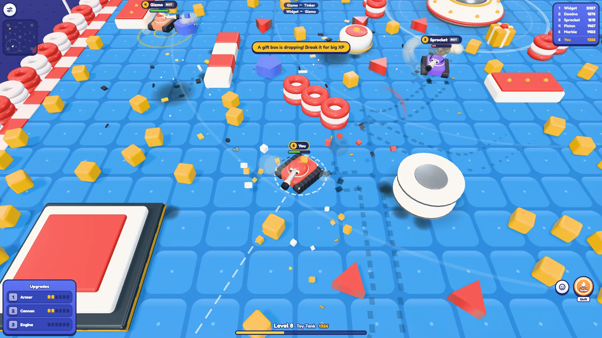 Tankado with the toast A gift box is dropping, a yellow gift box in the top-right corner of the arena and my level 8 tank in the middle