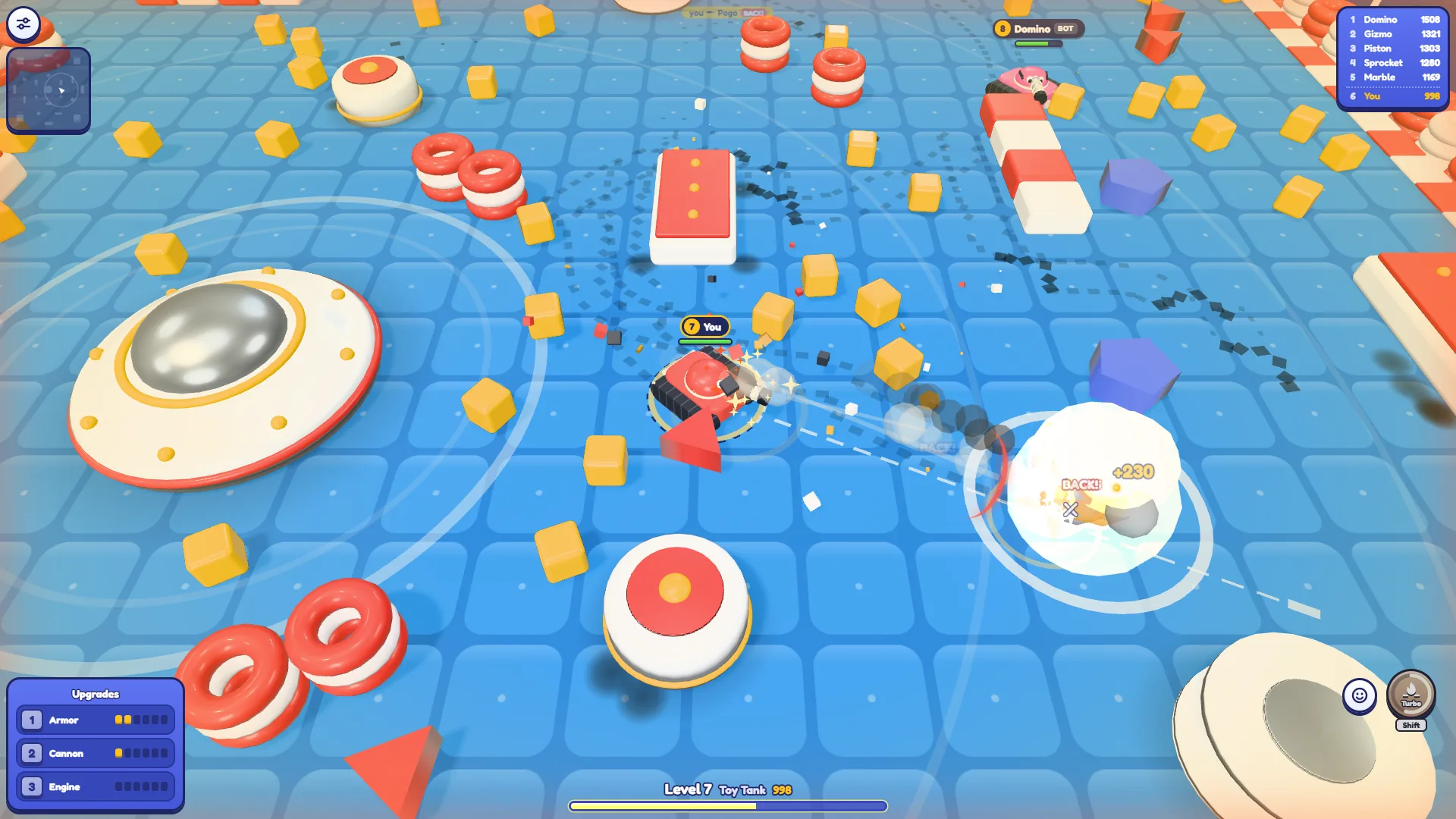 A BACK! popup with +230 XP over a white explosion in Tankado, with the kill feed at the top reading you and Pogo