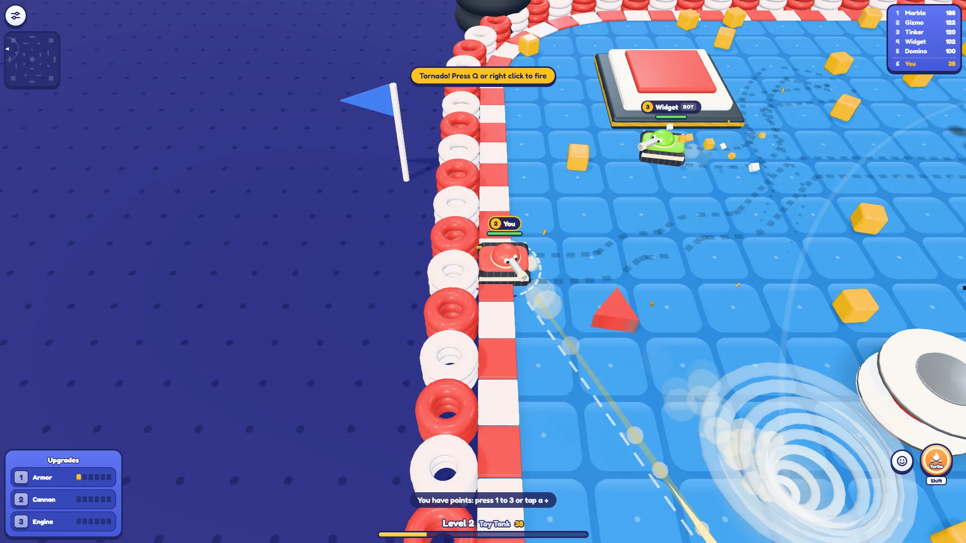Tankado with the toast Tornado! Press Q or right click to fire, a white spiral on the tiles at the bottom right and a tank near the arena wall