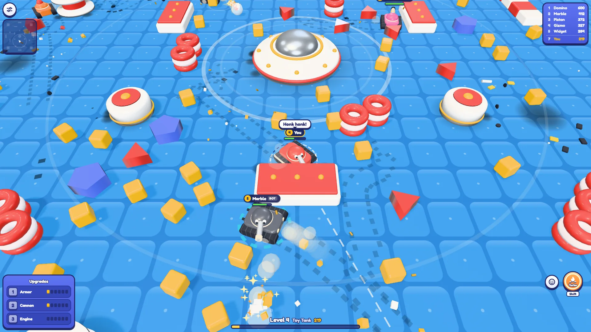 Tankado with the emote bubble Honk honk! above my tank and Marble, a bot, close behind it