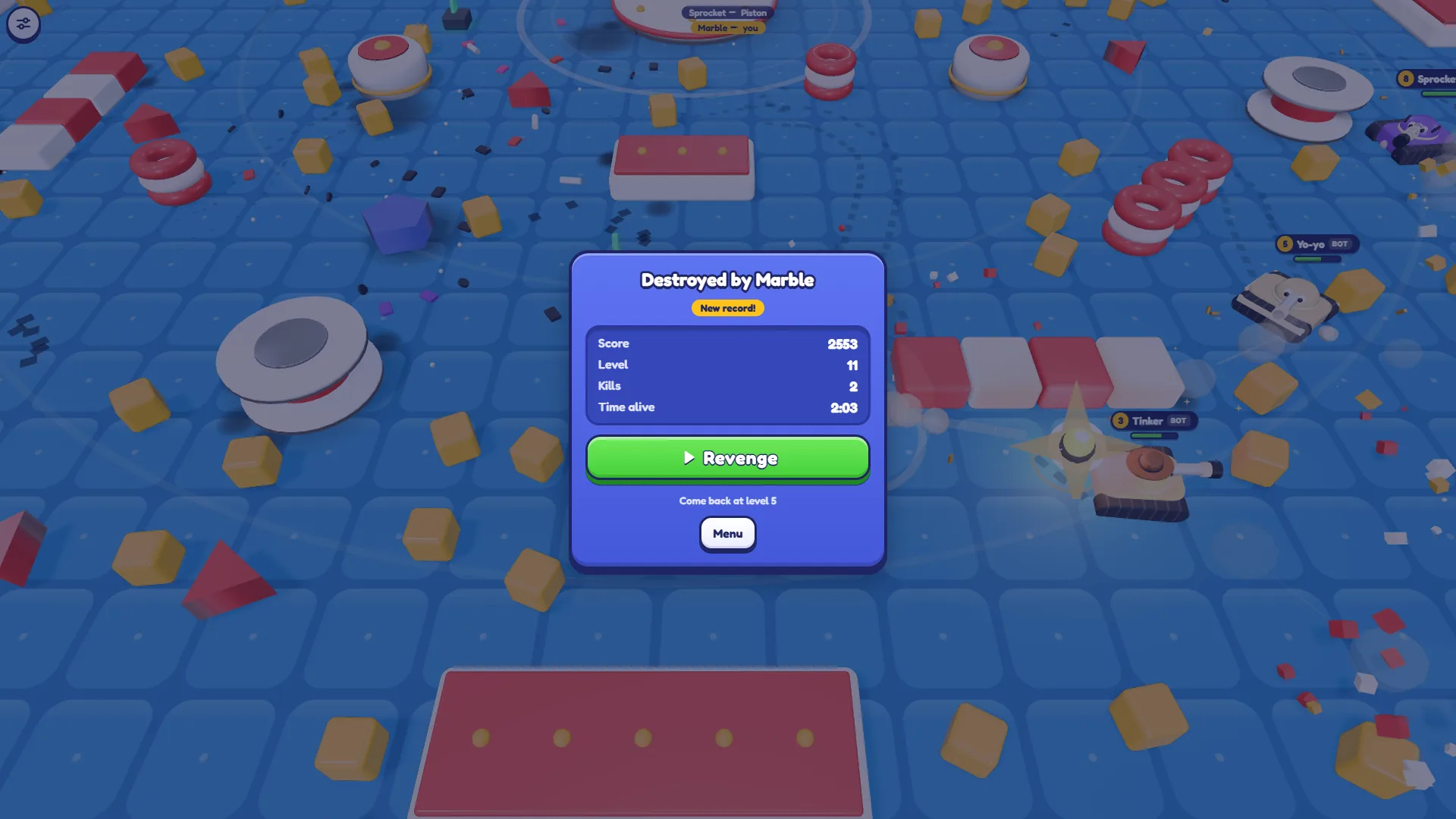 The Tankado result card Destroyed by Marble with Score 2553, Level 11, Kills 2, Time alive 2:03, a New record badge and a green Revenge button