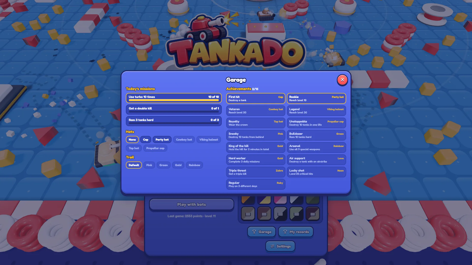 The Tankado Garage with Today's missions, hats, trails and achievements, where Use turbo 10 times shows 10 of 10 and the achievements counter reads 2 of 15