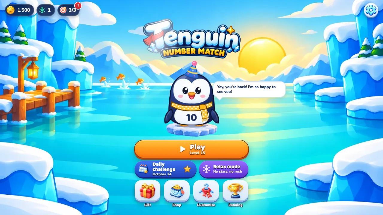 Tenguin Number Match home screen with Tenguin in a party cone, the Play, Daily challenge and Relax mode buttons, and a sunny pier.