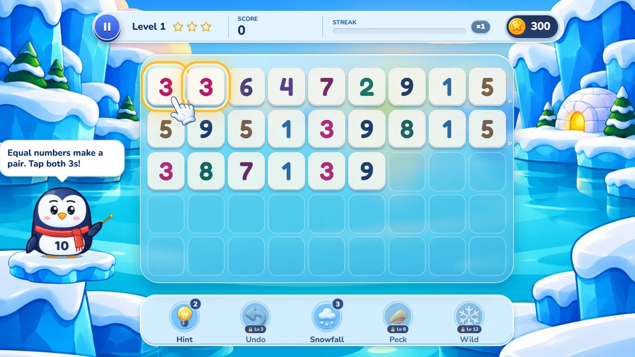 Level one of Tenguin Number Match: the two 3s glow in the top-left corner under the bubble Equal numbers make a pair.