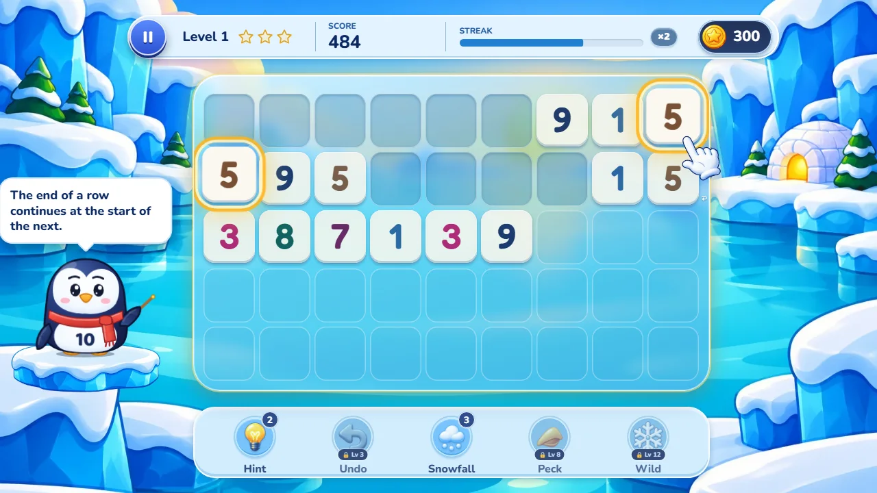 Tenguin Number Match lesson: a 5 ending row one glows with a 5 starting row two, under the bubble about rows continuing.