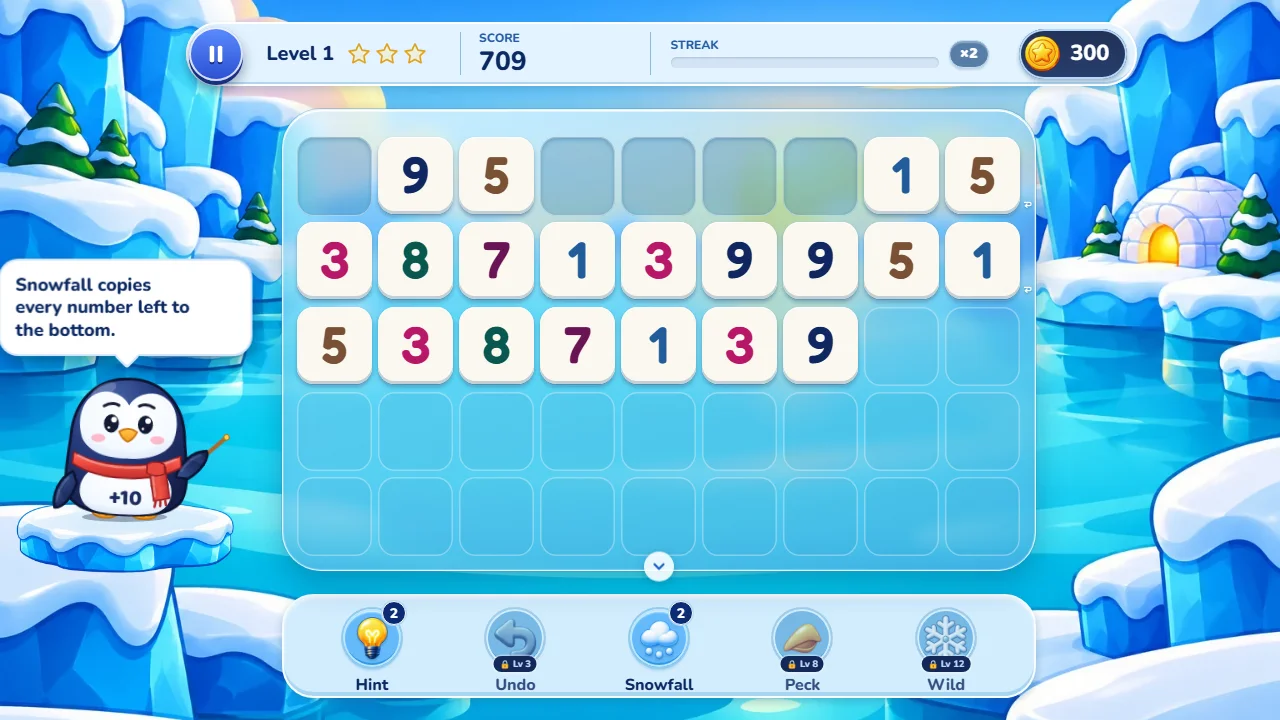 Tenguin Number Match after Snowfall: ten original tiles and ten copies, with the bubble Snowfall copies every number left.