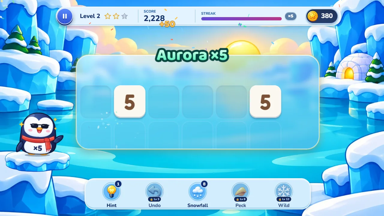 Tenguin Number Match with the banner Aurora x5, a +50 pop-up, Tenguin in sunglasses and two 5s three empty cells apart.