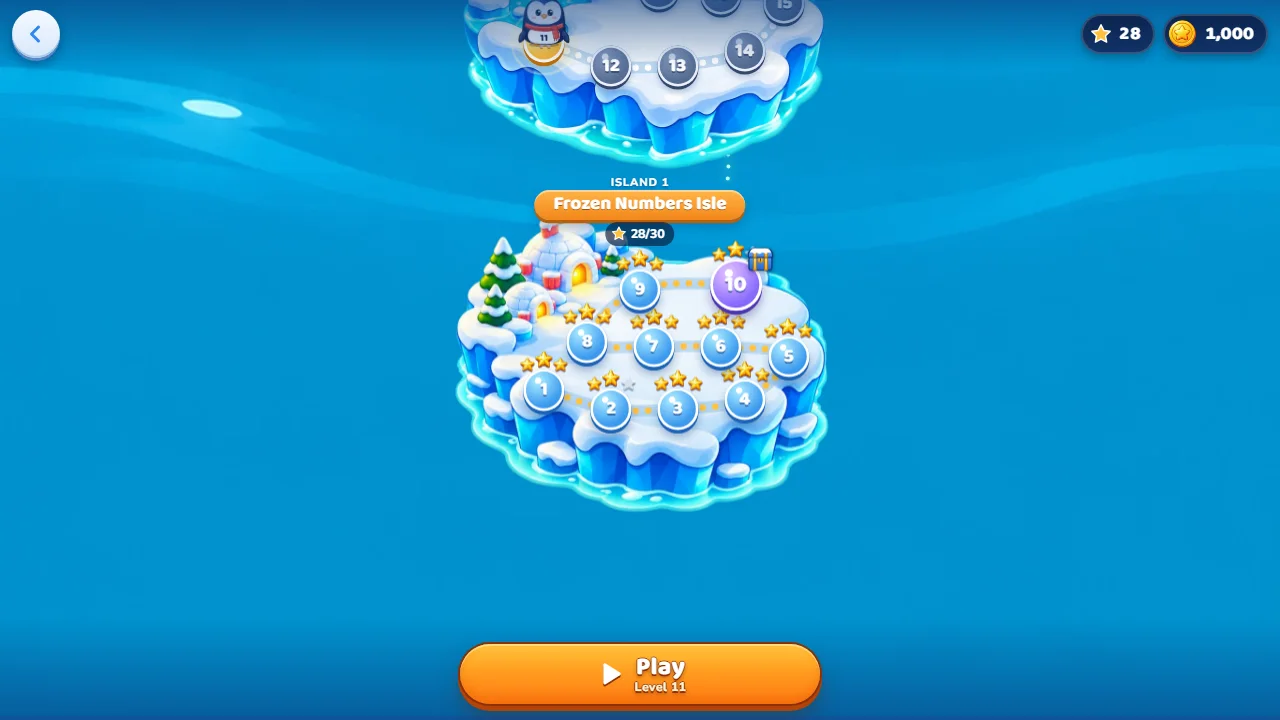 Island map of Tenguin Number Match: levels 1 to 10 with stars above most stops and a purple boss level 10 beside a chest.