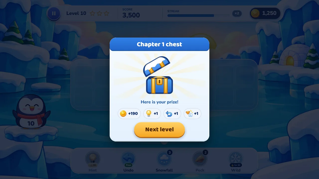 Open Chapter 1 chest in Tenguin Number Match with 190 coins, a Hint, an Undo and a Peck as the prize.