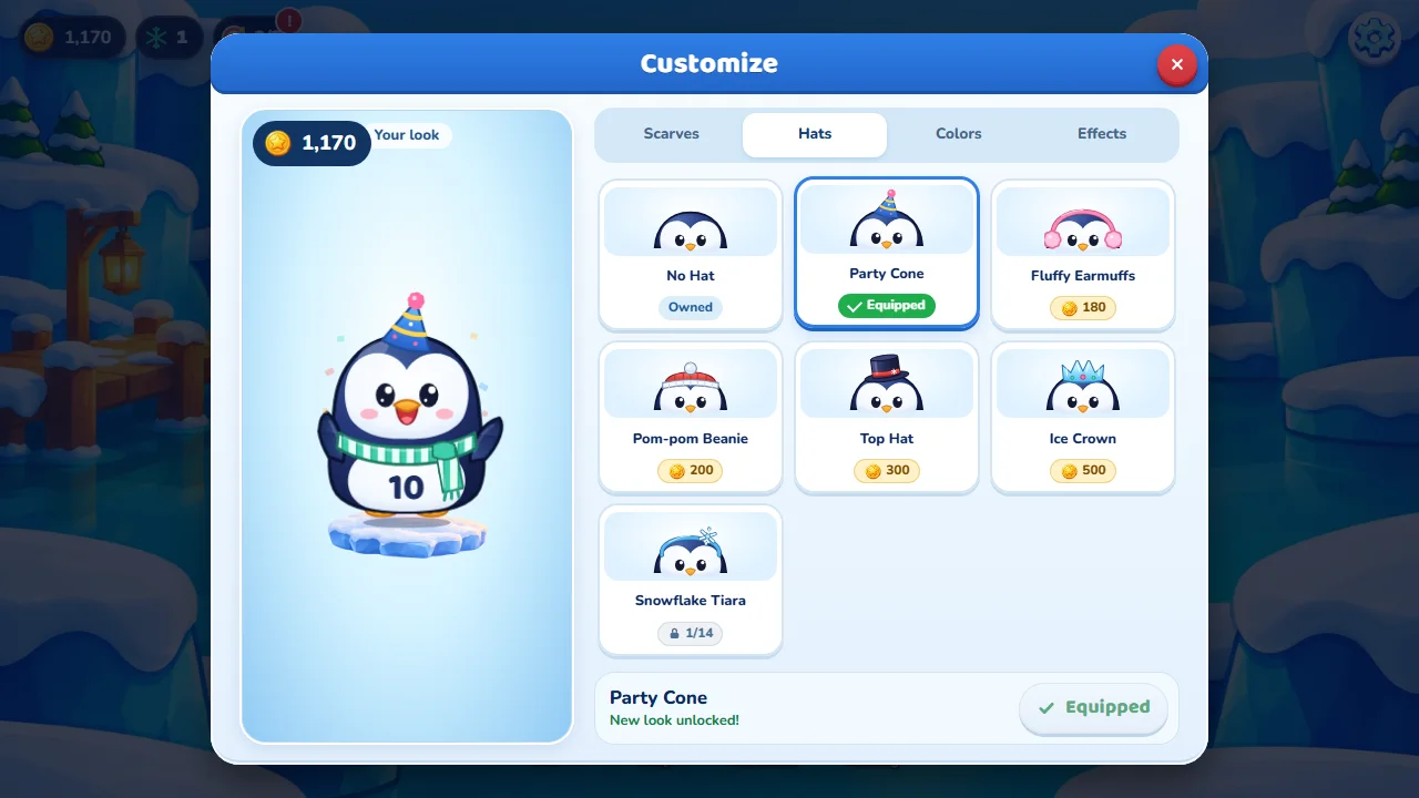 Customize screen of Tenguin Number Match on the Hats tab, with a party cone equipped and hats priced from 180 to 500 coins.