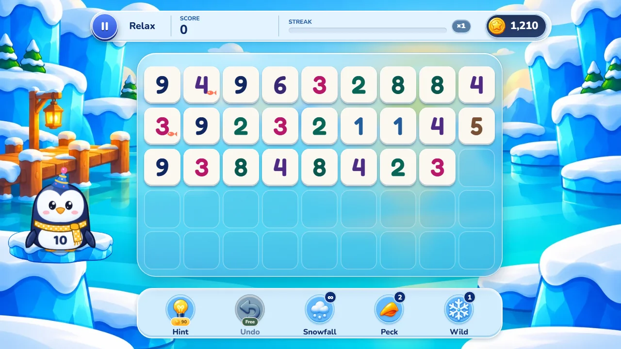 Relax mode in Tenguin Number Match: the title bar says Relax, the Snowfall button shows an infinity sign and Tenguin wears a party cone.