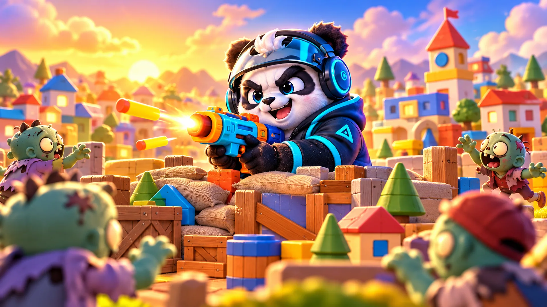 Barricade Z artwork: a cartoon zombie leaps over a wooden barricade at dusk while a yellow turret fires at a horde behind him.