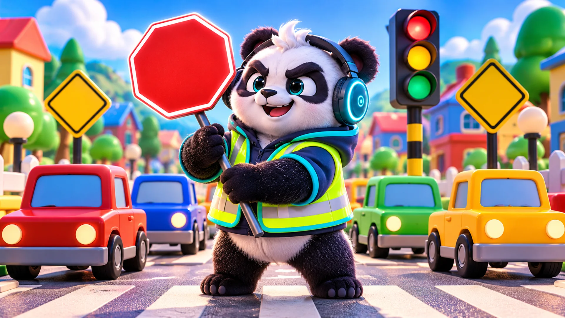 Polarzinho in a reflective vest holding a red octagonal sign on a crosswalk, with a traffic light, yellow diamond signs and colorful toy cars
