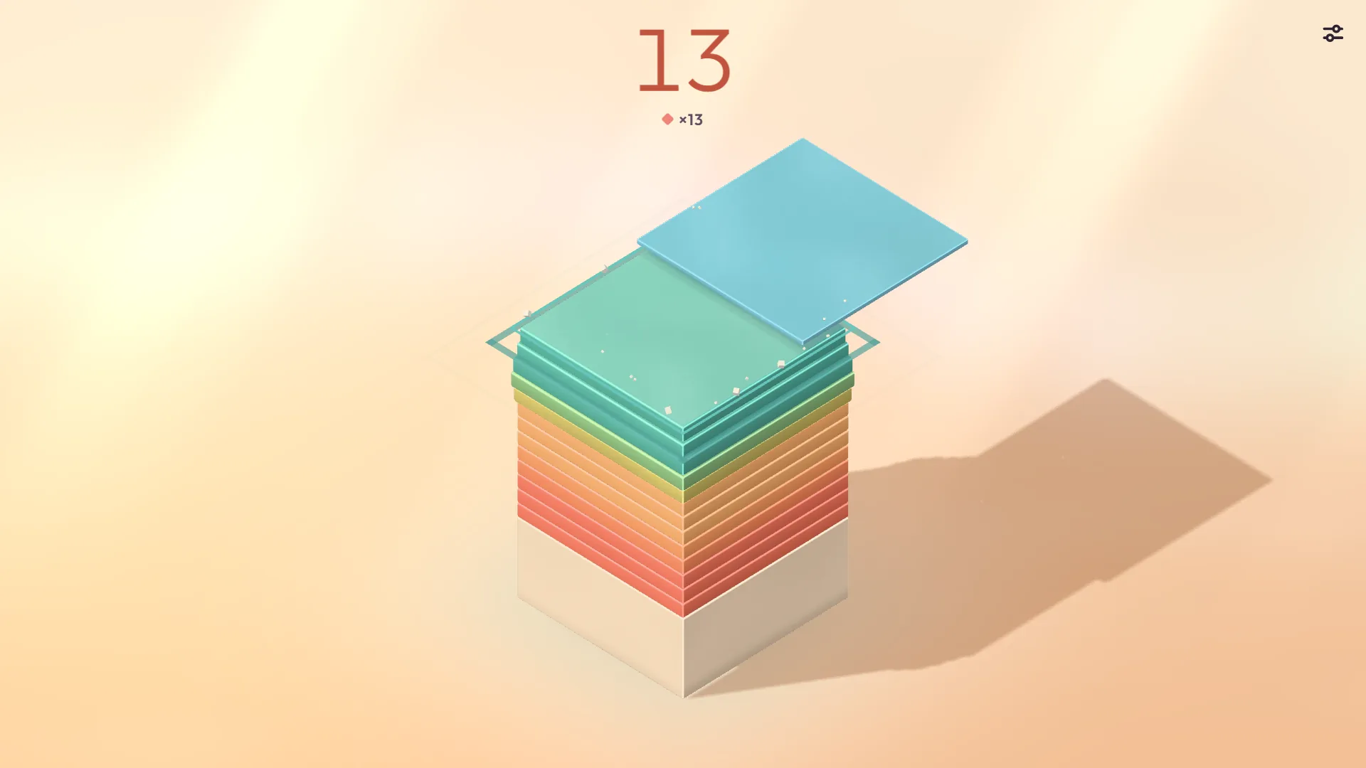 Uma torre no andar 13 com o selo ×13 da sequência embaixo do placar, anéis brilhantes em volta da laje de cima e uma laje azul pairando