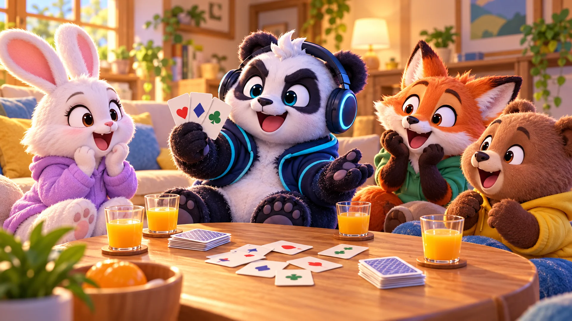 Polarzinho showing three cards at a game table with an excited bunny, fox and bear, glasses of juice and a spread-out deck